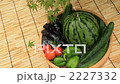西瓜和蔬菜變冷與在一件長袍的自來水在秋葉下 2227332