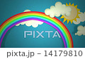Cartoon Clouds fabric made with stitches on blue sky background with sun and rainbow. 14179810
