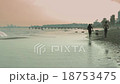 young couple run with dog on beach 18753475