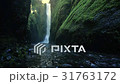 Tall waterfall and stream flowing through a mossy 31763172