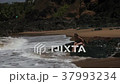 Woman sitting on a rock on the beach with waves. 37993234