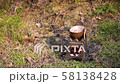 Cooking sausages on twig stove outdoors 58138428