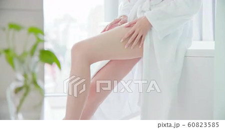 Asian girl touch her thigh and massage in the...の動画素材