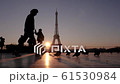 Silhouettes of people and pigeons on a background of the Eiffel Tower. A man walks past the camera. Slow motion 61530984