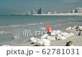 Empty plastic bottle on the ocean beach. Skyscrapers and skyline in the background. The concept of 62781031