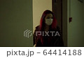 Beautiful young asian girl in medical mask clothing walk gloomy dark corridor 64414188