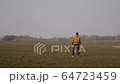 young sports man runs in the field and launches a boomerang into the sky 64723459