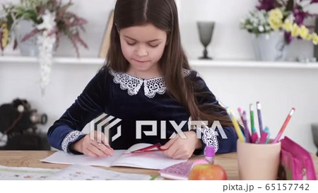 Portrait of brunette girl doing homework in...の動画素材 [65157742]