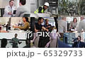 Group of key workers industry professionals, Doctor, Teacher, Chef, Military, Supermarket, Delivery, and infrastructure worker, professionals split screen digital composite 65329733