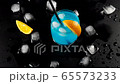 Blue cocktail. Camera slides up on glass with blue summer cocktail on the black table decorated with an orange slice and ice cubes against black background. Concept of alcohol cocktail party. Top view 65573233
