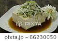 Tofu Salad with Soy Sauce ontop Cucumber cutlet Sprinkle Sesame Japanese Food Cold Tofu (Hiyayakko) Style decorate Carved Leek bunching Onion Flower shape sideview 66230050