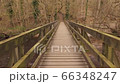 Walking across a wooden footbridge in the woods over a river.  A first person view of someone walking across a wooden footbridge over a river in the forest 66348247