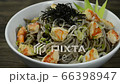 Soba Noodles with Shrimps and shoyu soy sauce Japanese Food Fusion Style sprinkle white sesame and seaweed decorate leek sideview 66398947