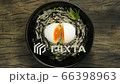 Soba Noodles with Egg and shoyu soy sauce Japanese Food Fusion Style sprinkle white sesame and seaweed decorate spring onion topview 66398963