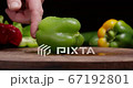 Chopping green pepper for cooking lunch in restaurant. Vegetarian food full of vitamins. 67192801