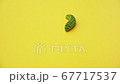 Green caterpillar swallowtail crawls on yellow paper background 67717537