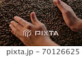 Pleasure of freshly roasted coffee beans. Human hands, dark grains, burlap 70126625