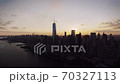 New York City modern skyline cityscape silhouette in warm evening orange sunset in amazing drone 70327113