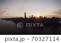 New York City modern popular skyline cityscape in warm evening orange sunset in beautiful drone 70327114