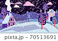 Cute Merry Christmas greeting card design with Winter country night landscape and  snowfall animation. Winter rural scene and house with smoke out of the chimney. 70513691