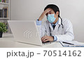 Serious Asian Doctor Wear Face Mask Headache with Working in Covid 19 70514162