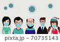 Animated cartoon design of People wearing face mask, surgical mask to prevent disease, flu, gas mask on background with virus or Coronavirus.  70735143