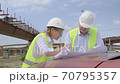 Male and female engineers are discussing a flyover construction project. Developers are working on project documentation at a construction site. 70795357