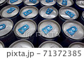 Minsk, Belarus - 16 September, 2020 - 4k Aluminium beer cans camera moving top tilt shift view. Group of silver beer cans row industry business. Editorial 4k. 71372385