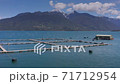 Aerial salmon farms at Reloncavi marine strait at Llanquihue National Park, Chile, South America. 71712954