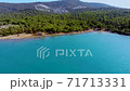 Aerial drone view over the coastline surrounded by green nature and Aegean sea waters in a secret bay in Akbuk, Didim, Turkey 71713331