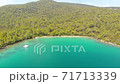 Aerial drone view over the coastline surrounded by green nature and Aegean sea waters in a secret bay in Akbuk, Didim, Turkey 71713339