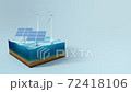 Solar panels with wind turbines on surface sea, ocean. Piece of land, sea in cross section. Concept clean energy, green energy, renewable energy, alternative energy. Photovoltaic panel, 3D animation 72418106