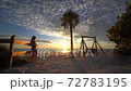 woman on beach at sunset palm trees bench beauty thinking peaceful 72783195