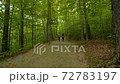 young couple hikes through beautiful state forest hikers woods 72783197
