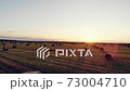 Field with Straw Bales Under Sunset Sky FullHD drone Aerilal Shot.Summer harvest fields with straw bales in the evening sunset, agriculture concept, aerial view 73004710