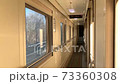 In the corridor of the compartment car of the train in motion, flashing winter landscape outside the 73360308