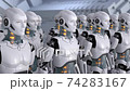 Army of robots. A crowd of cyborg workers standing in a row. 3D animation 74283167