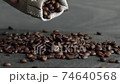 Hand scatters coffee beans from a linen bag on a wooden table. Fresh roasted coffee in Arabica beans is prepared for grinding and making delicious coffee. 74640568