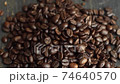 Roasted arabica coffee beans scattered on a wooden table. Fresh coffee beans. Espresso, americano, doppio, cappuccino, latte. Robusta. Selective focus. 74640570