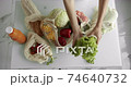 Woman put a fresh salad inside a reusable grocery bag with fresh vegetables on a table at the kitchen. Zero waste, plastic free concept, grocery shopping. Mesh cotton shopper. 74640732