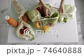 Woman takes salad and avocado out from reusable grocery bag with vegetables on a table with peppers, tomato, cucumber at the kitchen. Zero waste, plastic free, grocery shopping. Mesh cotton shopper. 74640888
