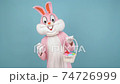 Easter bunny or rabbit or hare holds basket of colored eggs, have fun, dancing, celebrate Happy easter. Easter rabbit isolated on blue background 74726999