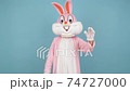 Easter bunny or rabbit or hare hold fan of dollars in his hand, shows thumb finger up. Rich man millionaire or billionaire with dollar isolated on blue background, celebrate Happy easter 74727000