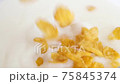 yellow gold cornflakes cereals falling into milk slow motion 75845374