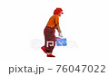 Funny clown with heavy shopping bags walking on white background. 76047022