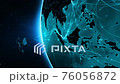 Satellite sending signals to Earth. Asia. Animation of the Earth with bright connections and cities. Aerial, maritime, ground routes and country borders. 2 shots in 1 file. Cyan.  76056872