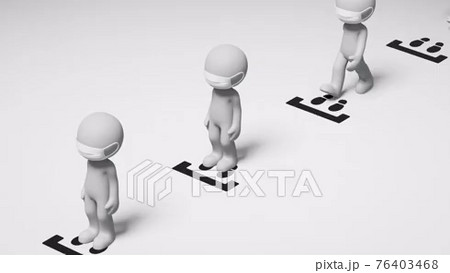 ソーシャルディスタンスをとって列に並ぶピクトグラムの3DCG（俯瞰）の動画素材