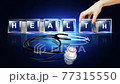 Health Letter written on glass cube animated hand putting one icon on place to complete the composition 77315550