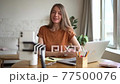 Young woman blogger coach talk to camera at distant online webinar. Recording business vlog training 77500076