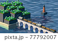 Digital animation of train carrying trees across the bridge to the tunnel. 3-d animated train on railway cross over a bridge. Cartoon animation design 4k. 77792007